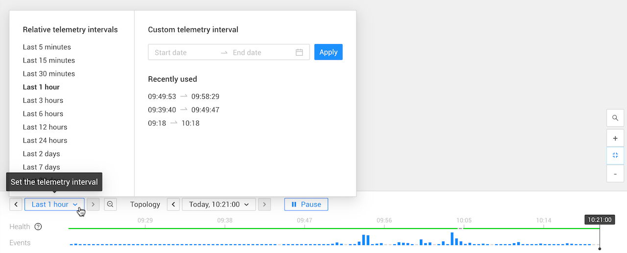 Use o popup "Defina o intervalo de telemetria" para especificar um intervalo de telemetria